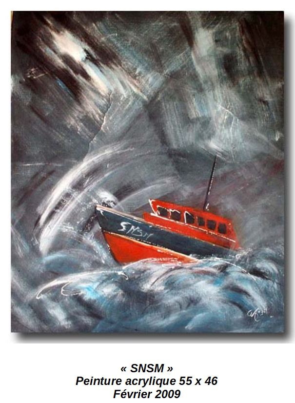 'SNSM'
Peinture acrylique 55 x 46
Février 2009
Cette toile est destinée à la SNSM(Société de Sauvetage en mer) dont  les hommes au risque de leur vie en sauvent beaucoup d'autres