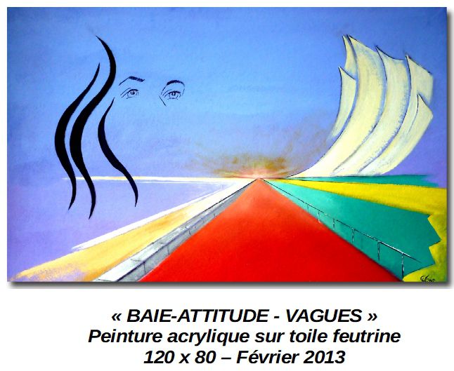 'BAIE ATTITUDE'
Peinture acrylique sur toile feutrine 120 x 80
Février 2013
Exposition à LA BAULE. Le remblai (stylisé) le long de cette magnifique plage
