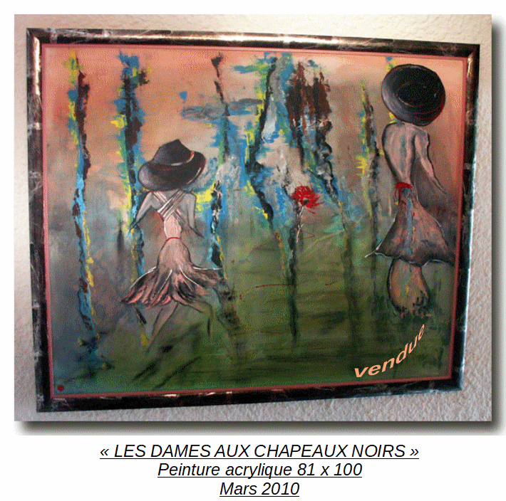 'LES DAMES AUX CHAPEAUX NOIRS'
Peinture acrylique 81 x 100
Mars 2010
Collection personnelle