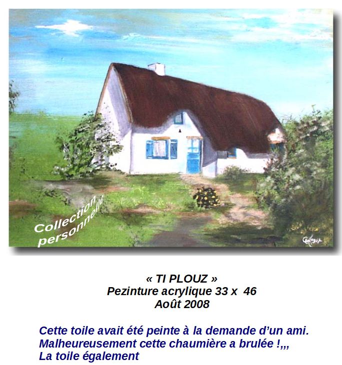 'TI PLOUZ'
Peinture acrylique 33 x 46
Août 2008
 J'ai peint cette toile à la demande d'un ami.
Manque de chance, sa  chaumière a brûlé !!!! Evidemment la toile aussi ce qui est le moindre mal pour mon ami.